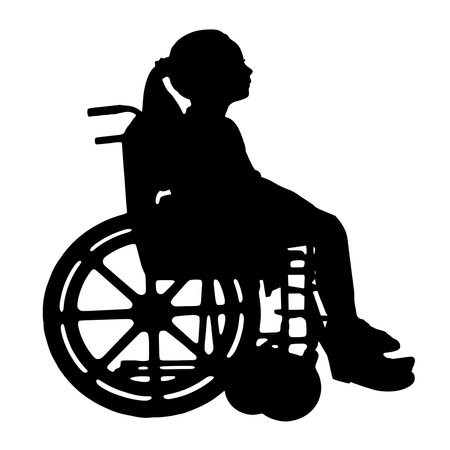 Silhouette of a disabled child girl sitting in a wheelchair. vector silhouette. Conceptual image of a girl with a disabilityのイラスト素材