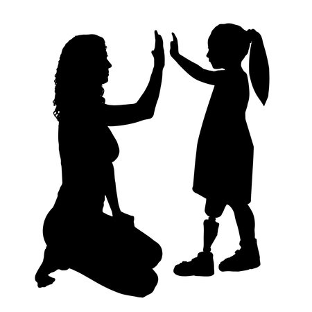 Disabled baby girl with prosthetic legs with her mom. vector silhouette. Concept of children with prosthetic legのイラスト素材