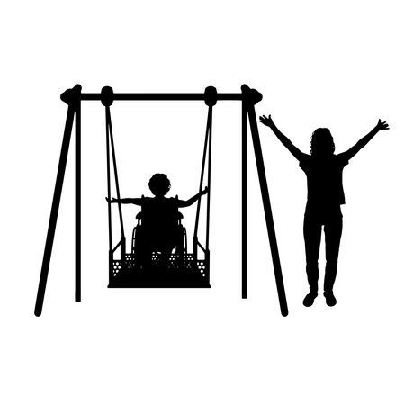 Happy child is disabled in a wheelchair on an adaptive swing for disabled children with mom. vector silhouette. Lifestyle and support for disabled childrenのイラスト素材