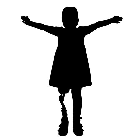 Happy handicapped baby girl with prosthetic legs. vector silhouette. Concept of happy childhood of children with prosthetic legsのイラスト素材