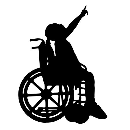 Silhouette of a disabled child girl sitting in a wheelchair showing a finger. Conceptual image of the life of children with disabilities. vector silhouetteのイラスト素材