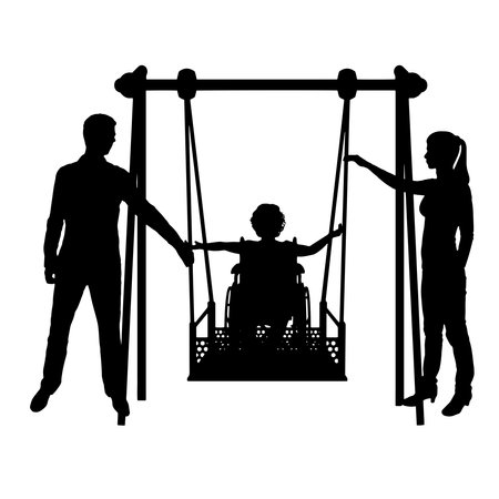 Silhouette of a happy child is a disabled person in a wheelchair on an adaptive swing. Mom and Dad swing it. The concept of the lifestyle of children with disabilities. vector silhouetteのイラスト素材