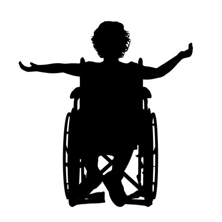 Silhouette of a happy disabled child girl sitting in a wheelchair. vector silhouette. Concept of happy children with disabilitiesのイラスト素材