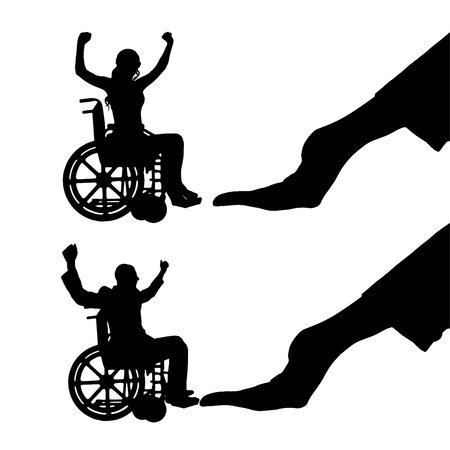 Disabled worker. Silhouette of a big hand of an employer hires a happy disabled woman and man in a wheelchair. vector silhouetteのイラスト素材