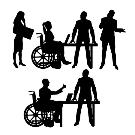 Disabled person worker. vector silhouette. Silhouette of a disabled man and woman in a wheelchair and his colleague at workのイラスト素材