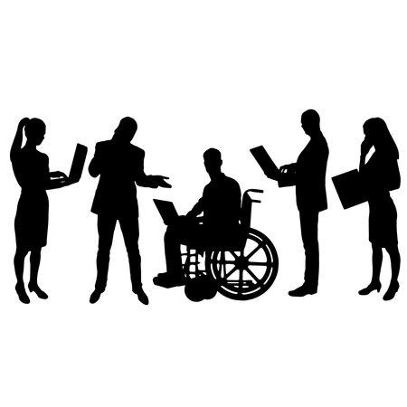 Silhouette of a disabled man in a wheelchair and his work team during a work process. Disabled working concept. vector silhouetteのイラスト素材