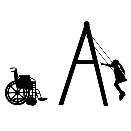 Silhouette of a child disabled girl on a swing next to a wheelchair. Concept of children with disabilities and their leisure. vector silhouetteのイラスト素材