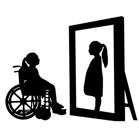 Disabled child girl sitting in a wheelchair looking in the mirror and sees herself in the reflection of a healthy standing. Concept of disabled children with the hope of a healthy future. vector silhouetteのイラスト素材