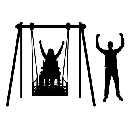Silhouette of a happy couple, a woman wheelchair user on an adaptive swing and a healthy man nearby. Concept of the lifestyle of people with disabilities. vector silhouetteのイラスト素材