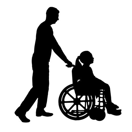 Silhouette of a disabled child girl sitting in a wheelchair and her dad on a walk. vector silhouette. Concept of helping and caring for children with disabilitiesのイラスト素材