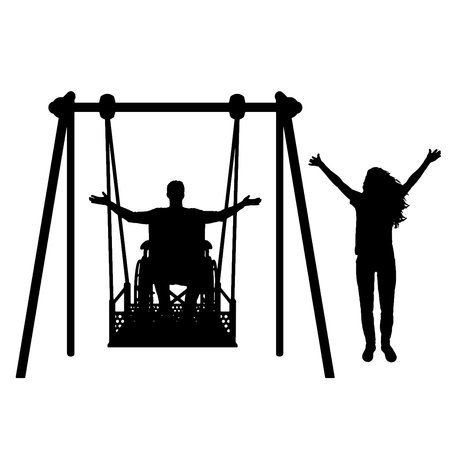 Silhouette of happy couple, man in wheelchair for disabled person on adaptive swing and healthy woman nearby. Concept of the lifestyle of people with disabilities. vector silhouetteのイラスト素材
