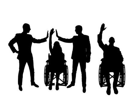 Disabled worker. Silhouette of a disabled woman and man in a wheelchair and her two colleagues make a hand gesture, give five. vector silhouetteのイラスト素材