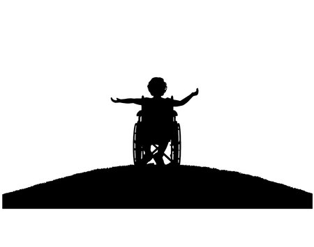 Silhouette of a happy disabled child girl sitting in a wheelchair atop a hill. Concept of happy children with disabilities. vector silhouetteのイラスト素材