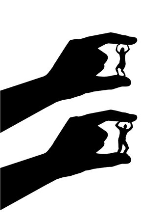 Silhouette of a hand holds between the fingers a woman who squirts. Bullying and inequality concept. vector silhouetteのイラスト素材