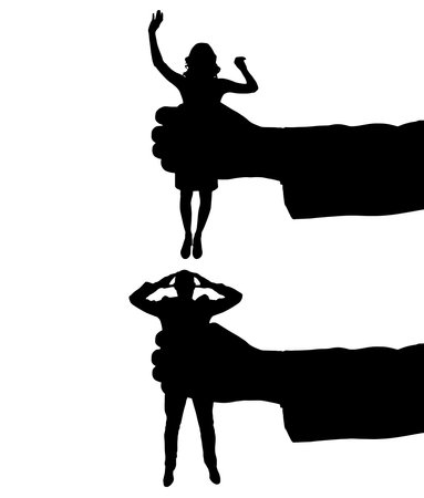 Bullying employee concept. Silhouette of a man hand holds a woman and man in a fist. vector silhouetteのイラスト素材