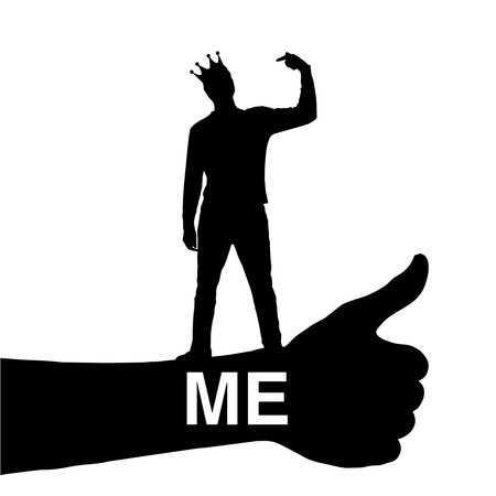 Selfishness and narcissism. A selfish man with a crown on his head points his finger at himself. The concept of egoism and narcissism. vector silhouetteのイラスト素材