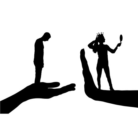 Selfishness, narcissism and arrogance. A distressed man and an arrogant woman with a crown standing on her hand stop. Concept of selfish behavior and lack of compromise in relationships. vector silhouetteのイラスト素材