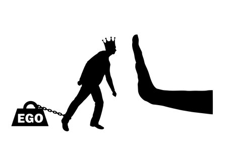 Silhouette of a selfish man with a crown on his head draws a heavy load - the ego and a large hand stop it. The conceptual scene of selfishness and social problem. vector silhouetteのイラスト素材