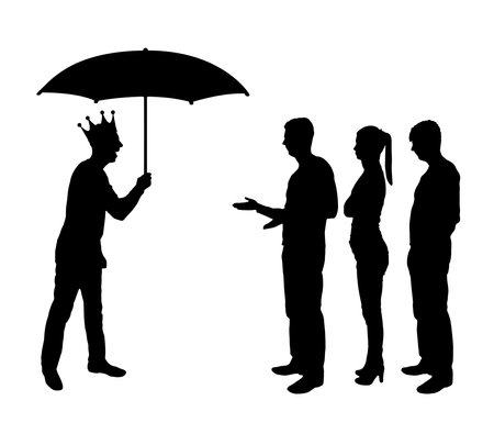 Selfishness and arrogance. Selfish man with a crown holding an umbrella laughing at people in the rain. The concept of complete egoism and arrogance. vector silhouetteのイラスト素材