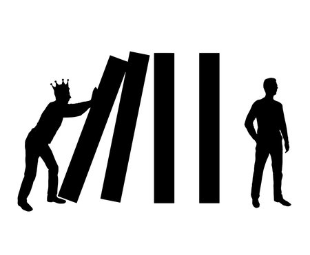 Selfish man with a crown on his head makes a domino effect in relation to the other man. vector silhouette. concept of selfishness in societyのイラスト素材