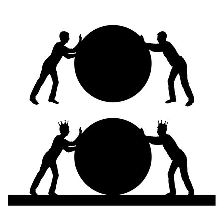 Two selfish men with crowns on their heads, push the big ball without yielding to each other. vector silhouette. Conceptual scene of selfish peopleのイラスト素材