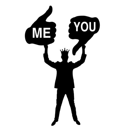 selfishness. A selfish and arrogant man with a crown holding a like sign addressed to him and a dislike addressed to other people. The concept of egoism, arrogance. vector silhouetteのイラスト素材