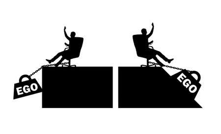 Silhouette of a selfish boss sitting in a chair and a heavy load of ego, pulling him into the abyss. Conceptual scene of selfishness and ego. vector silhouetteのイラスト素材