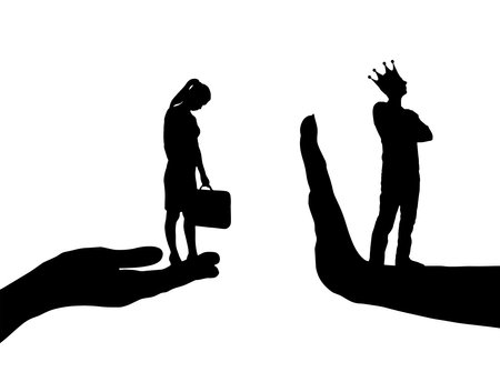 Inequality and sexism. A distressed woman on a begging hand and an arrogant man with a crown standing on the stop hand. Concept of inequality and selfishness. vector silhouetteのイラスト素材