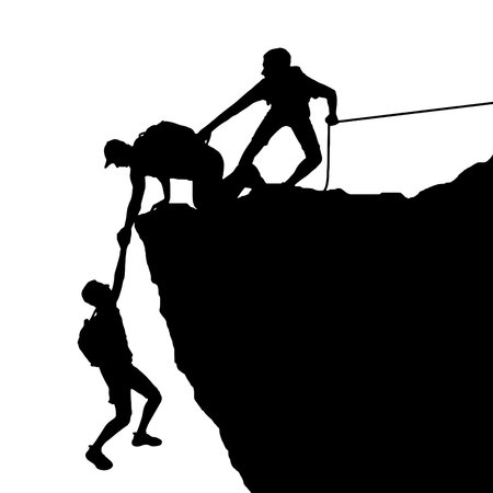 Silhouette of two male climbers rescuing another climber pulling his hand from a precipice. The concept of mutual assistance in business and not onlyのイラスト素材