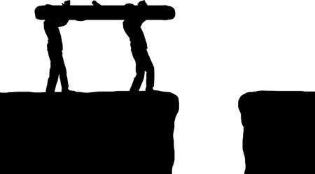 Silhouette two men carry a log to pave the way across the abyss. Business Concept of teamwork and mutual aid. vector silhouetteのイラスト素材