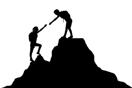 Silhouettes of two women climb to the top of the mountain. vector silhouette. Concept of teamwork and mutual assistanceのイラスト素材