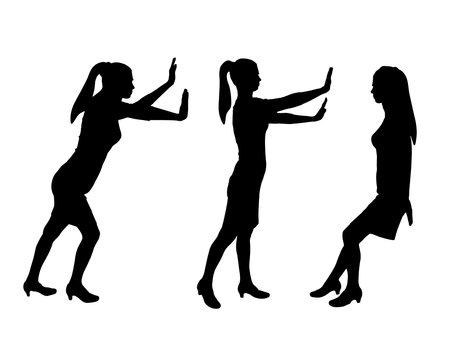A businesswoman or woman worker pushes an object and exerts physical effort. Effort business concept. Set of vector silhouettesのイラスト素材
