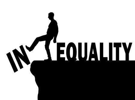Man standing at the precipice pushes word inequality achieving equality of words. Concept of equality in society. vector silhouetteのイラスト素材
