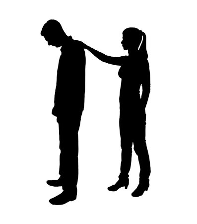 A silhouette of a woman morally supports a sad man. The concept of support and assistance. The concept of support and help for people experiencing stress, grief and depression. vector silhouetteのイラスト素材