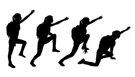 A group of women climbers with a raised hand go up. business and sport concept. vector silhouetteのイラスト素材