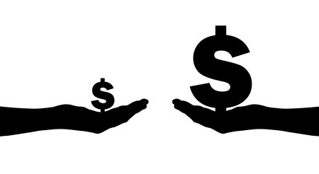 Silhouette of two hands, one holding a large sign Dolar having a large income, the other small. Conceptual scene inequality, social problems, rich and poor. vector silhouetteのイラスト素材