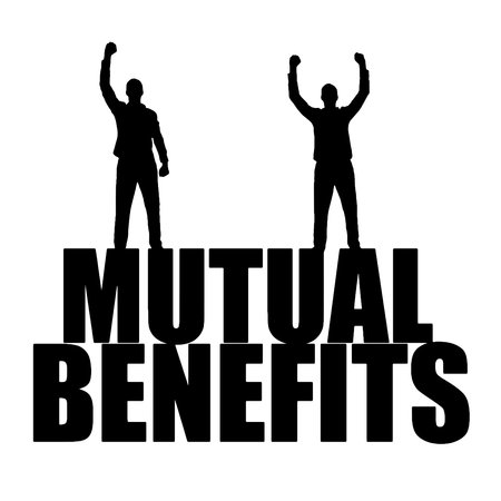 Silhouette of two happy men with raised arms standing on the word mutual benefit. concept of mutual benefit. business concept. vector silhouetteのイラスト素材
