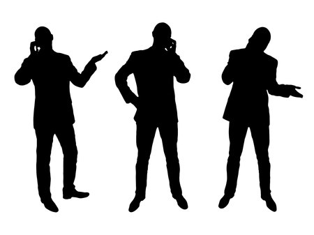 Male businessman talking on a mobile phone while discussing business in different poses. business concept. Vector silhouette setのイラスト素材