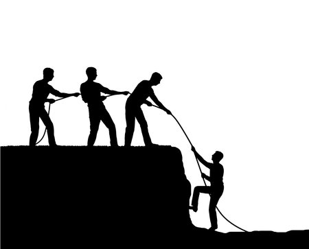 Three climbers help a friend up. Teamwork of male climbers. business teamwork concept. vector silhouetteのイラスト素材