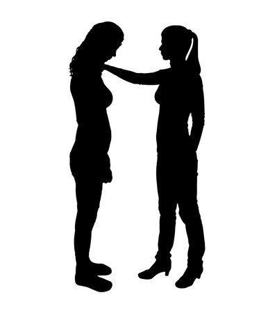 A silhouette of a woman morally supports another woman. Concept of support and help for people experiencing stress, grief and depression. vector silhouetteのイラスト素材