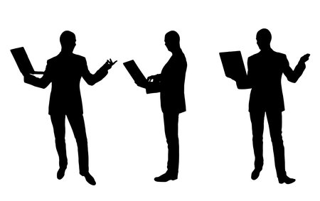 A male businessman is working with a laptop in his hands while standing. business concept. Vector silhouette setのイラスト素材