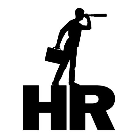 human resources. Silhouette of a man standing on the letters HR and looking through binoculars looking Human resources. vector silhouetteのイラスト素材