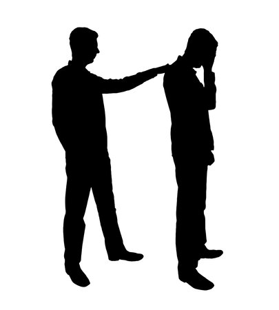 The silhouette of a man morally supports a sad person. The concept of support and help for people experiencing stress, grief and depression. vector silhouetteのイラスト素材
