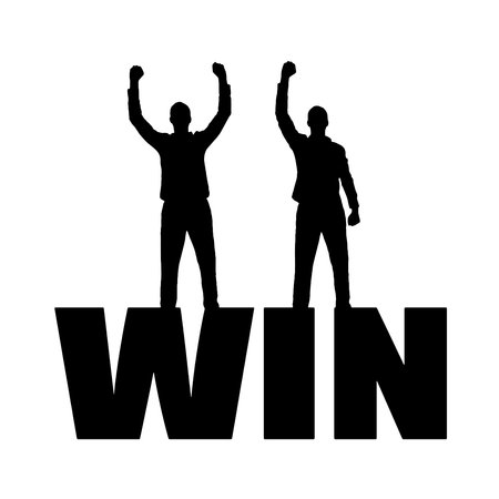Two happy men with raised arms standing on the word win. Concept of winning and mutual benefit of business partners. vector silhouetteのイラスト素材