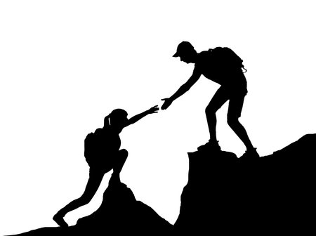 Silhouette of a male climber giving a helping hand to a woman. vector silhouette. business teamwork conceptのイラスト素材
