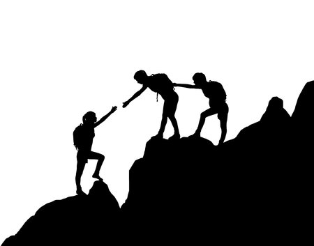 Silhouette of two climbers helping another climber overcome an obstacle in the mountains. vector silhouette. business teamwork conceptのイラスト素材