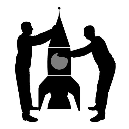 Silhouettes of two men collect a rocket. Business concept of start-up. vector silhouetteのイラスト素材