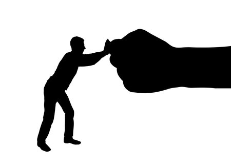 Silhouette of man resists big fist hand. The concept of inequality. vector silhouetteのイラスト素材