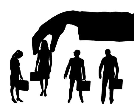 Hiring process. Silhouette of a group of people, candidates for office. Boss hand chose woman. business concept. vector silhouetteのイラスト素材