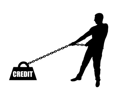 Silhouette of a man chained to a heavy load under the name of the credit. He drags him hard. The concept of high risk in taking a loan. business concept. vector silhouetteのイラスト素材